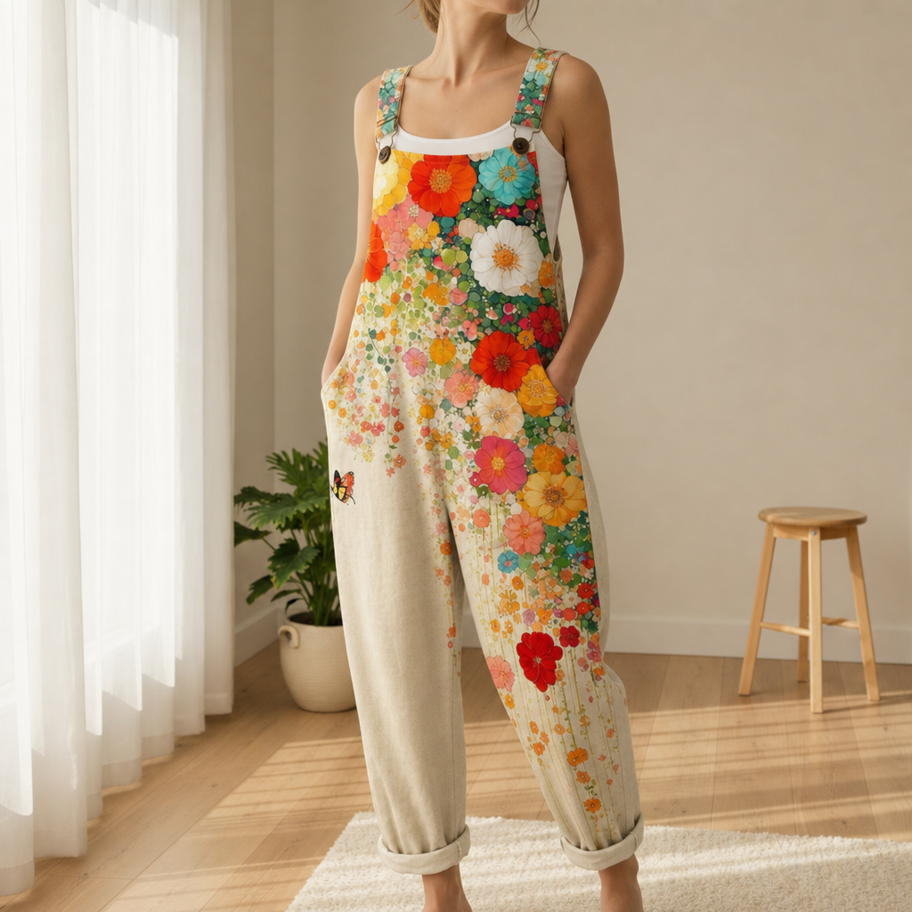 Women's Floral Print Wide Leg Jumpsuit – Dungaree Style Jumpsuit with Adjustable Straps
