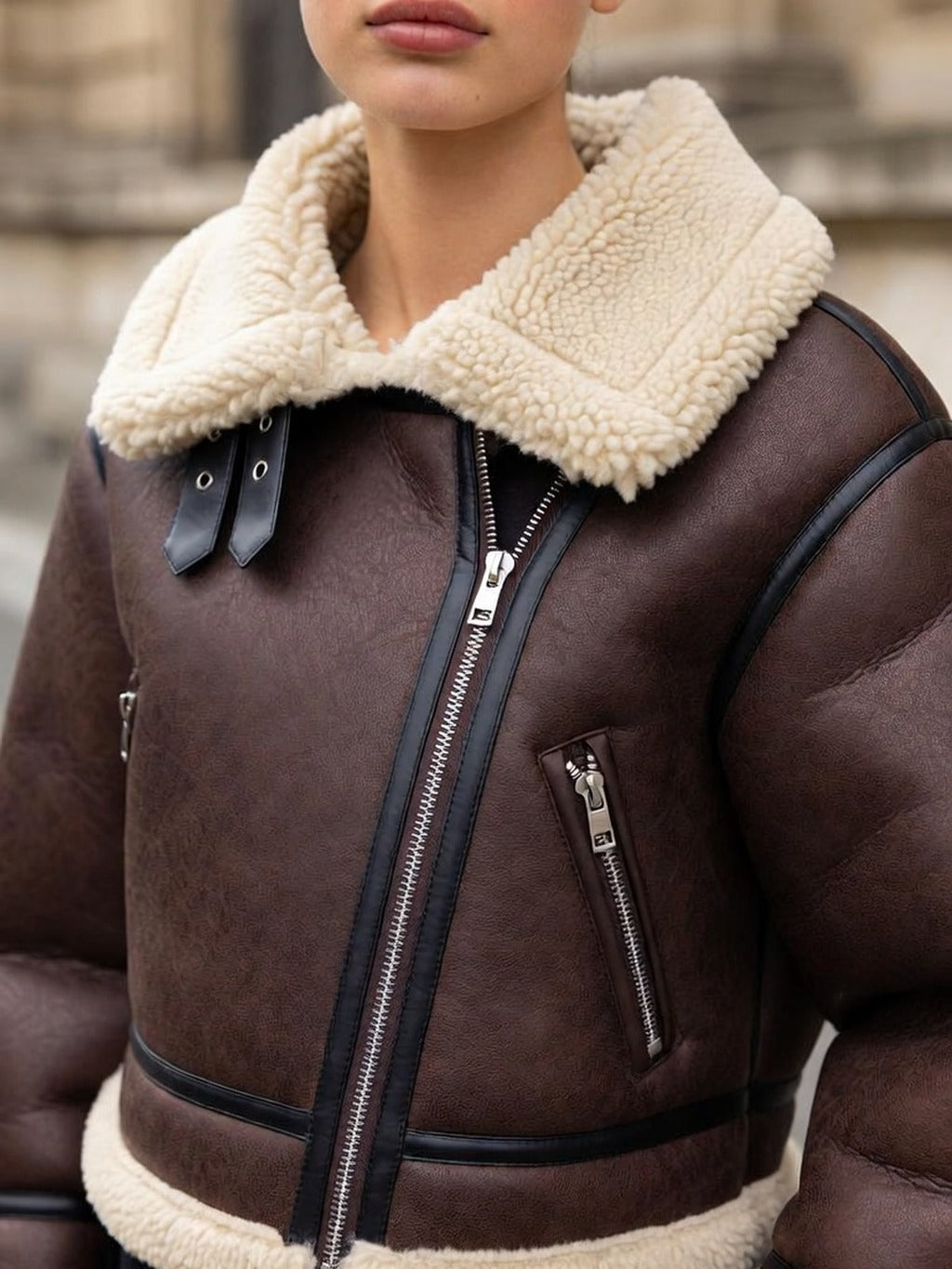 Women's Faux Leather Aviator Jacket – Cropped with Faux Shearling Collar
