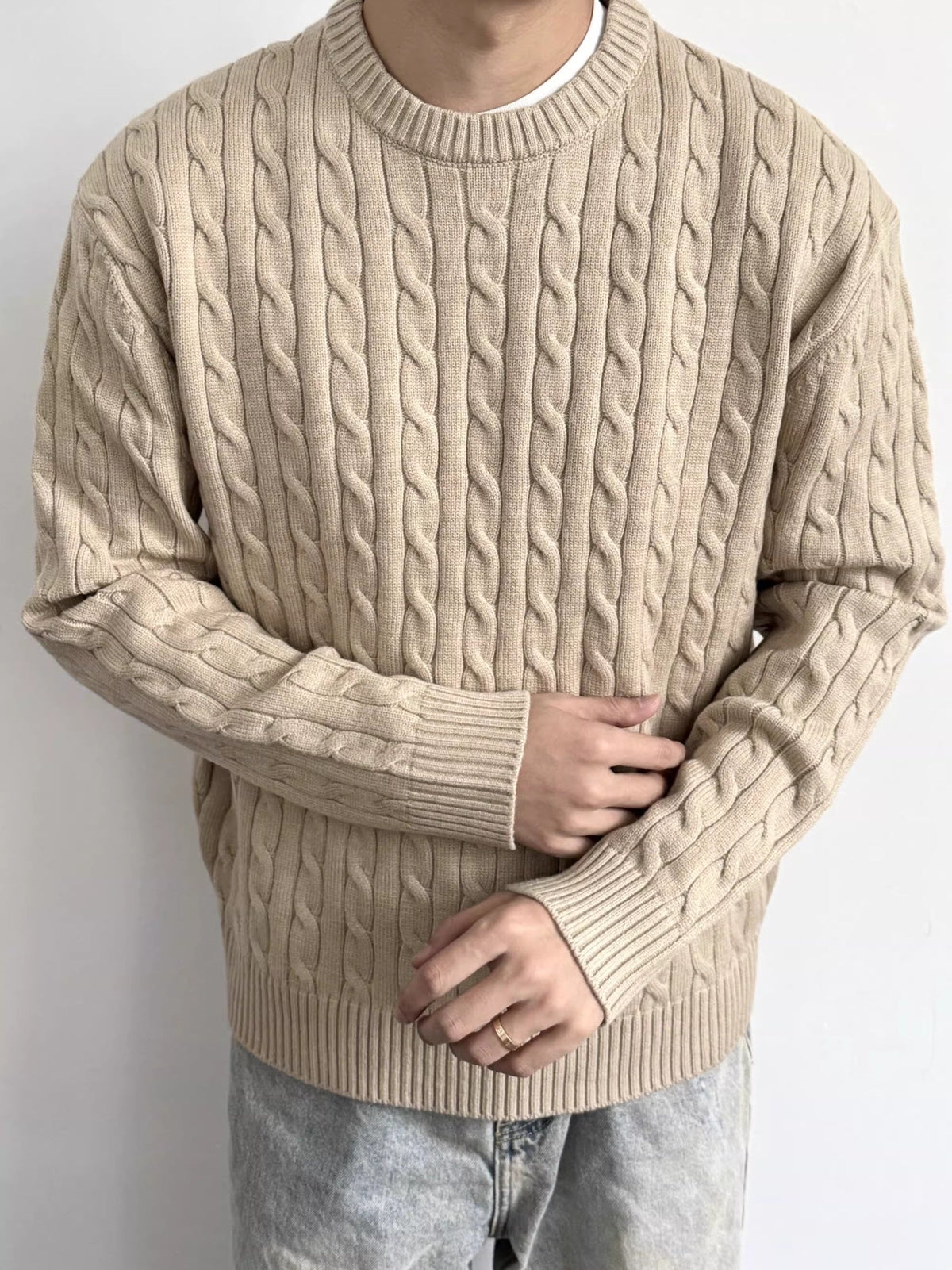 Men's Cable Knit Crew Neck Sweater – Loose Fit Long Sleeve Pullover