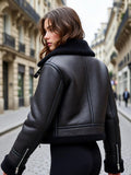 Women's Faux Leather Aviator Jacket – Cropped with Faux Shearling Collar