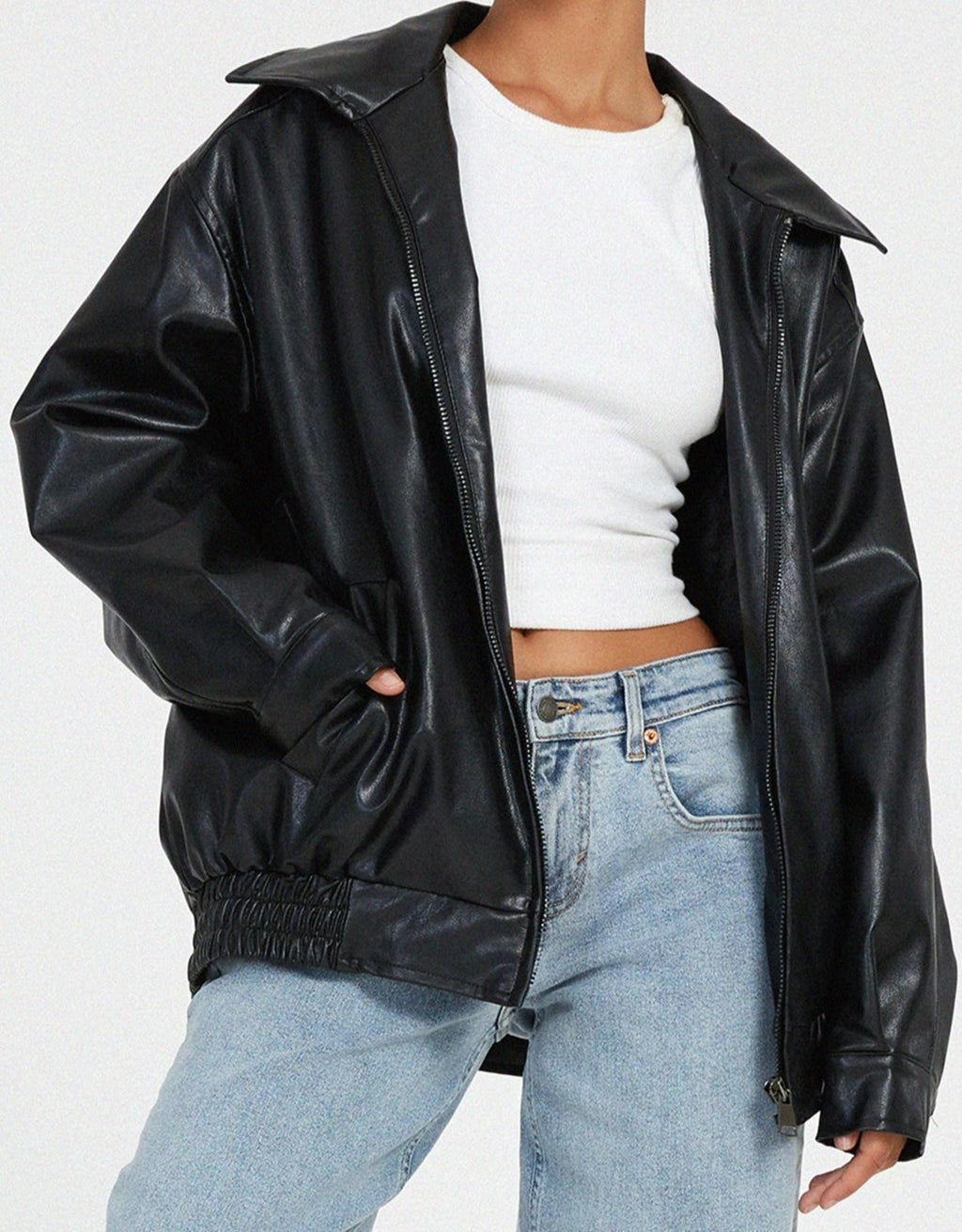 Women's Oversized Bomber Jacket – Leather-Look Boxy Fit
