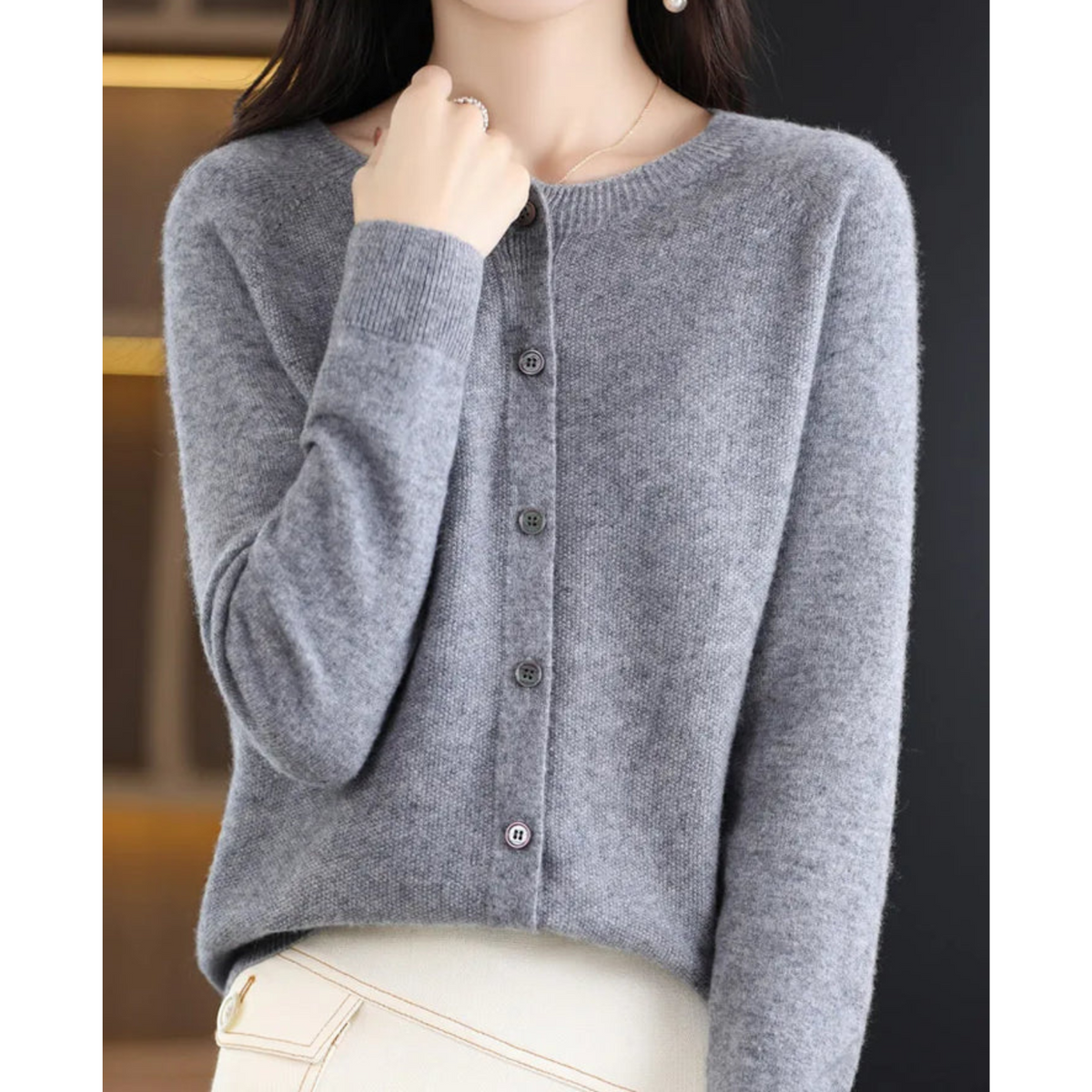 Women's Soft Knit Crew Neck Cardigan – Elegant Button Winter Sweater