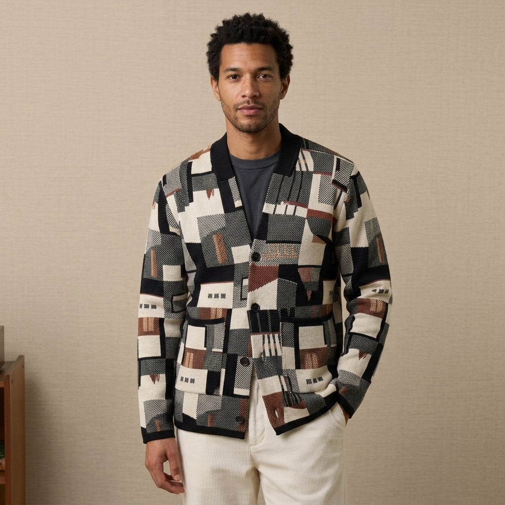 Men's Abstract Pattern Knit Cardigan – Button-Front Relaxed Sweater