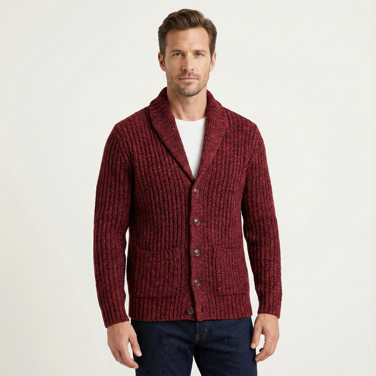 Men's Chunky Shawl Collar Cardigan – Heavy Cable Knit Button Sweater