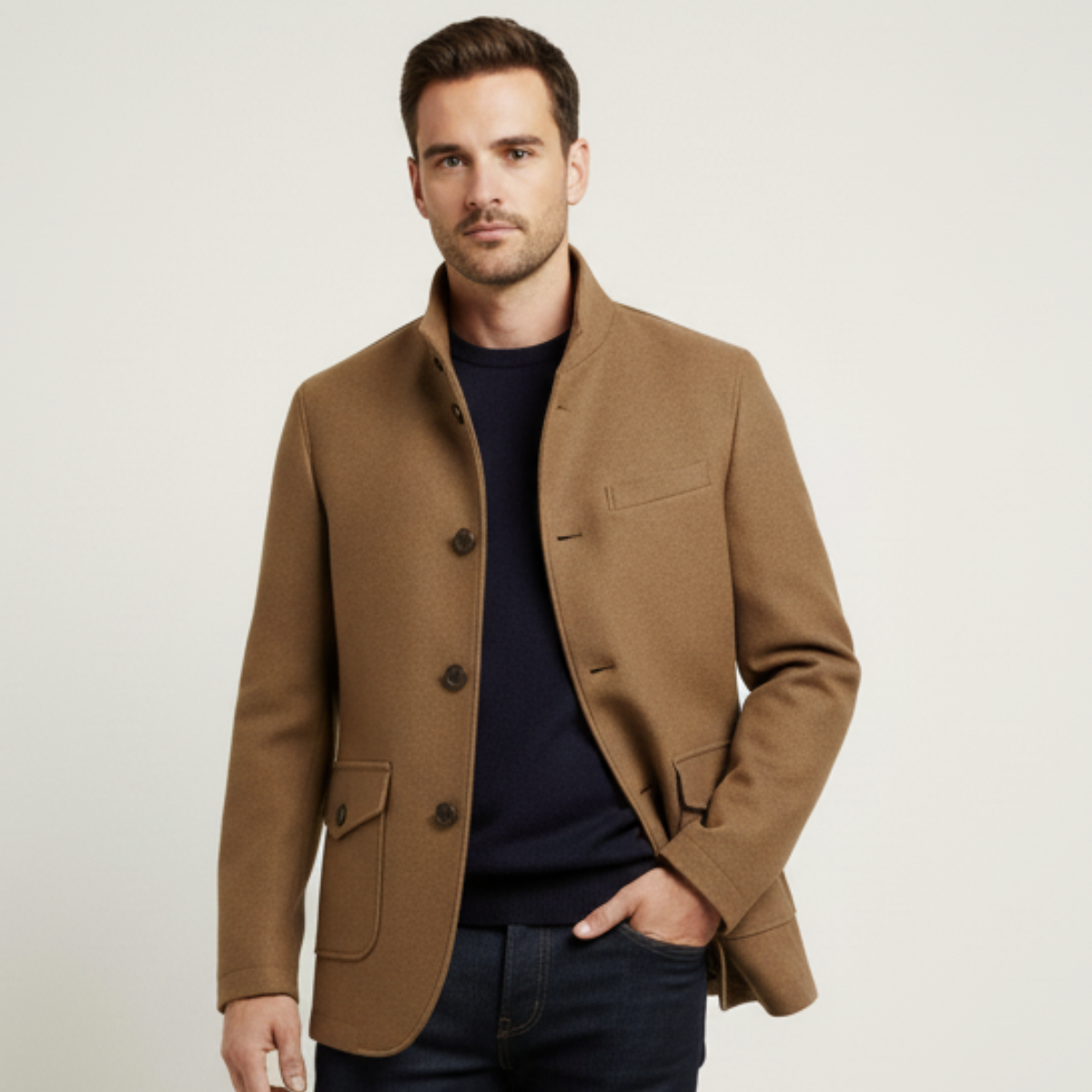 Men's Smart Tailored Overcoat – Structured Collar Winter Coat