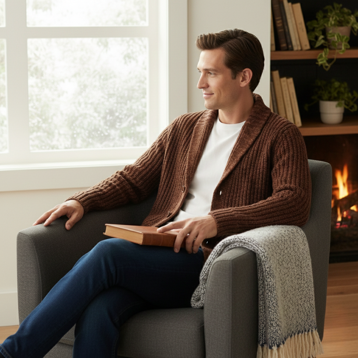 Men's Chunky Shawl Collar Cardigan – Heavy Cable Knit Button Sweater