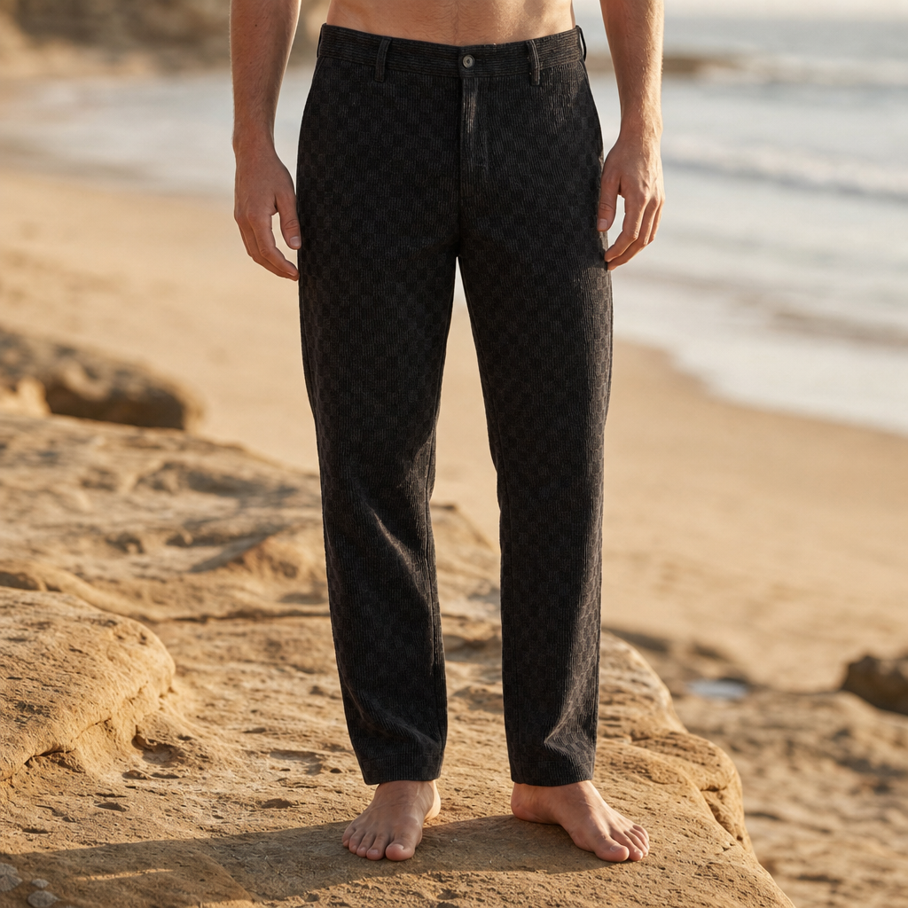Men's Check Corduroy Trousers – Flat-Front Straight-Leg Pants