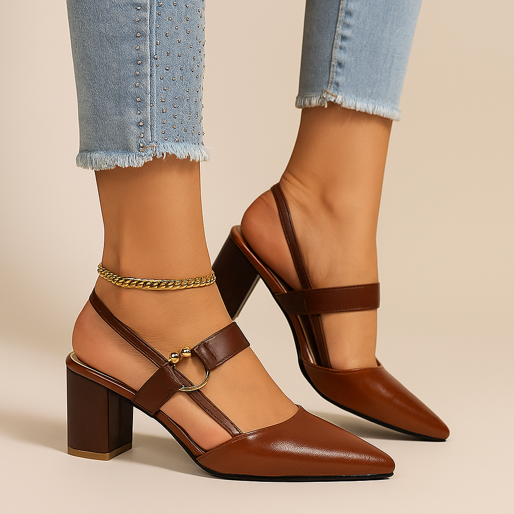 Women's Block Heel Pumps – Gold Ring Strap Detail Heels