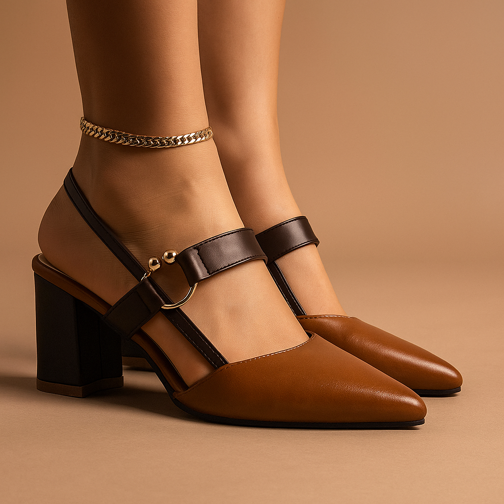 Women's Block Heel Pumps – Gold Ring Strap Detail Heels