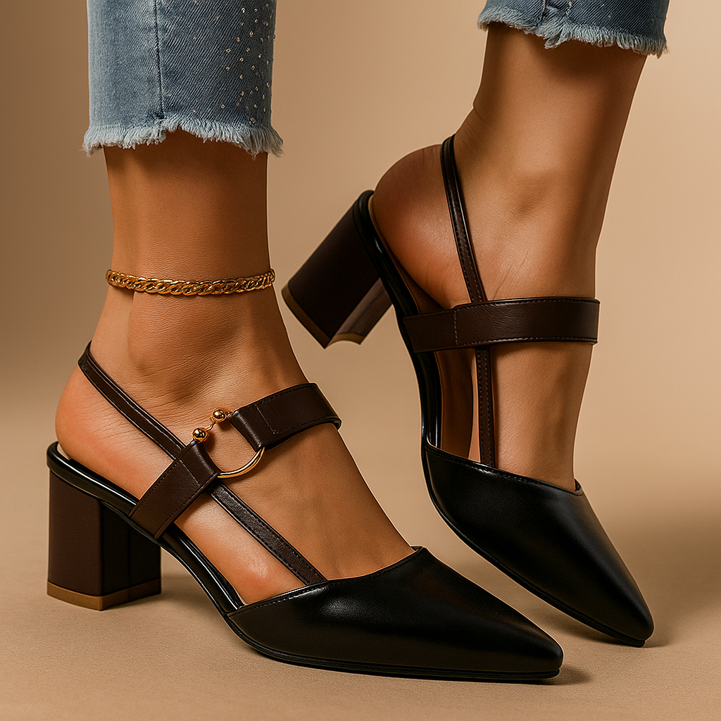 Women's Block Heel Pumps – Gold Ring Strap Detail Heels