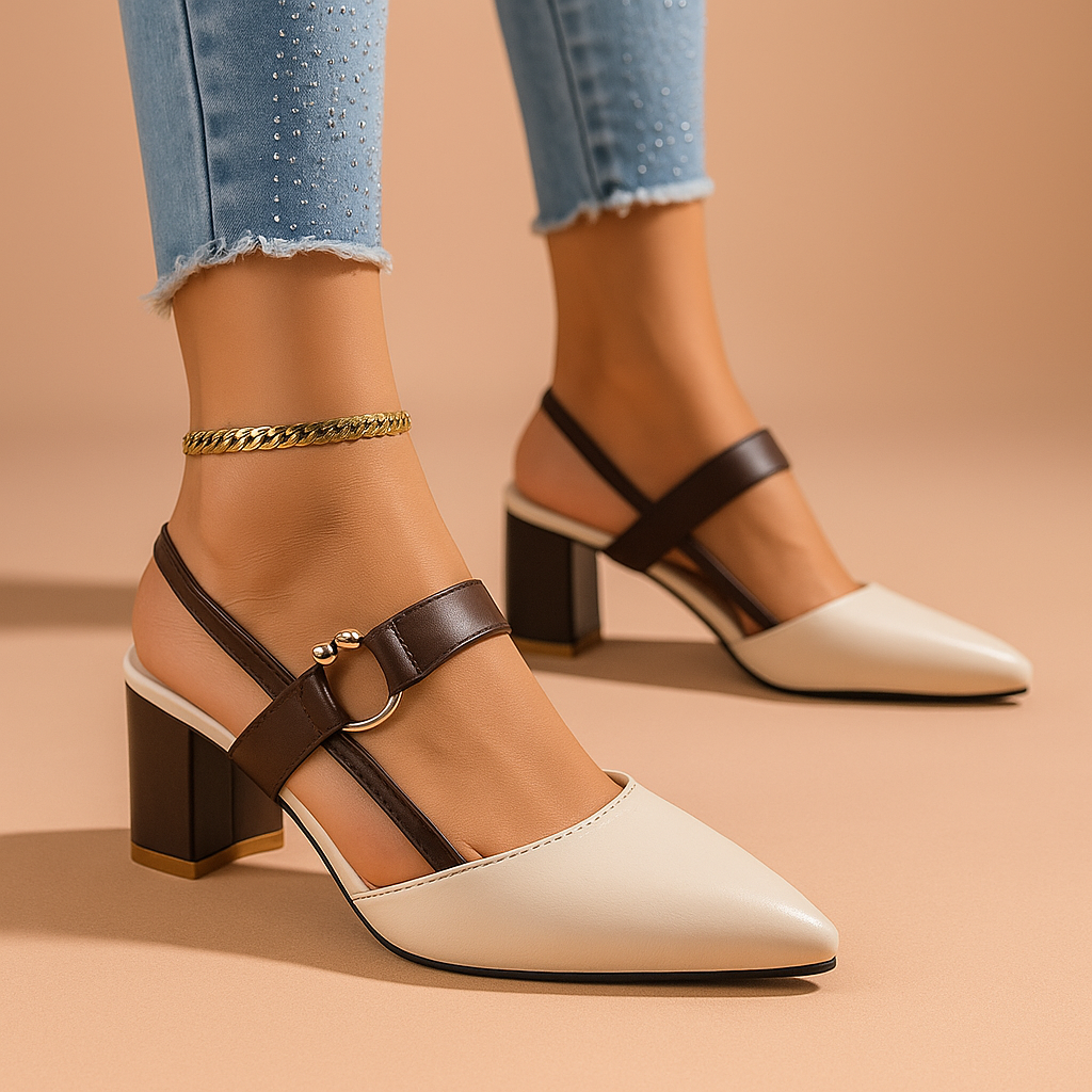Women's Block Heel Pumps – Gold Ring Strap Detail Heels