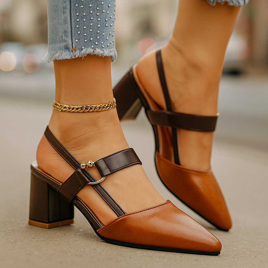 Women's Block Heel Pumps – Gold Ring Strap Detail Heels