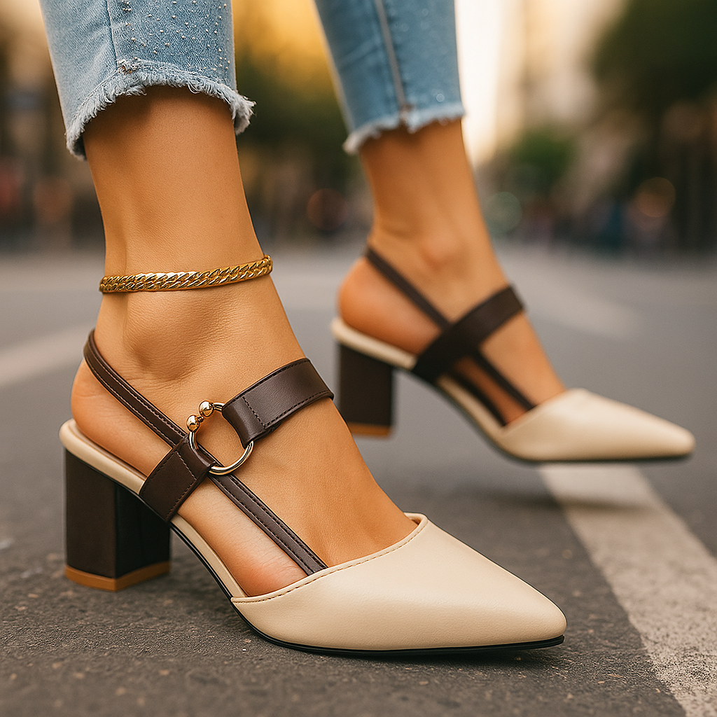 Women's Block Heel Pumps – Gold Ring Strap Detail Heels