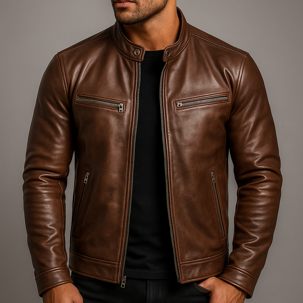 Men's Vintage-Look Biker Jacket – Washed Finish Zip Moto Jacket