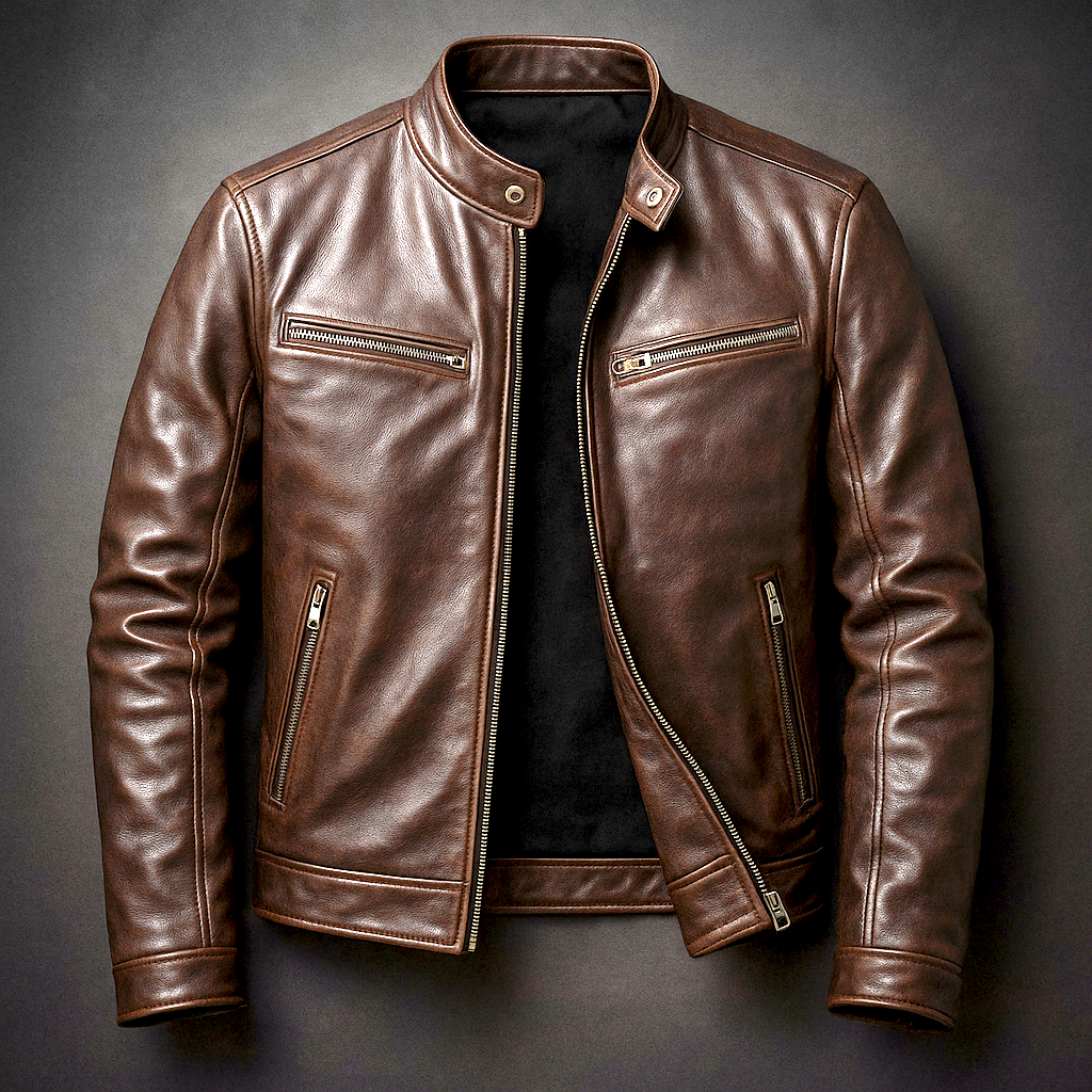 Men's Vintage-Look Biker Jacket – Washed Finish Zip Moto Jacket