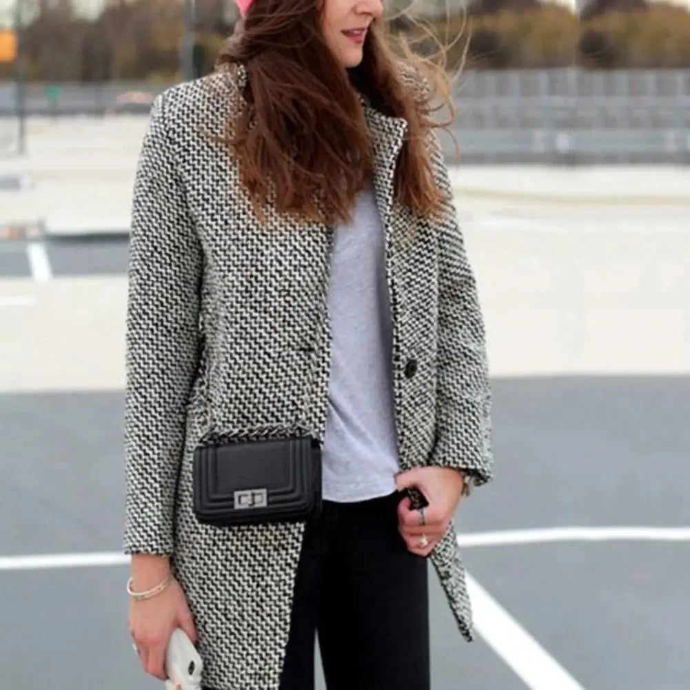 Women's Long V-Neck Coat – Single Button Elegant Winter Overcoat