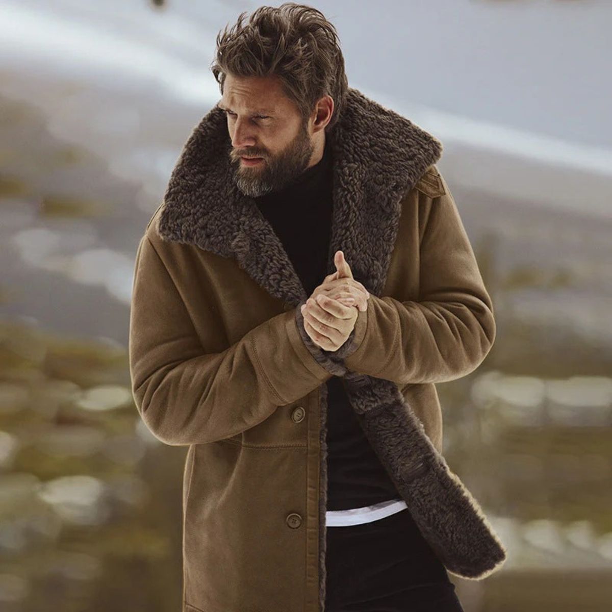 Men's Winter Overcoat with Shearling-Style Collar – Warm Lined Tailored Coat