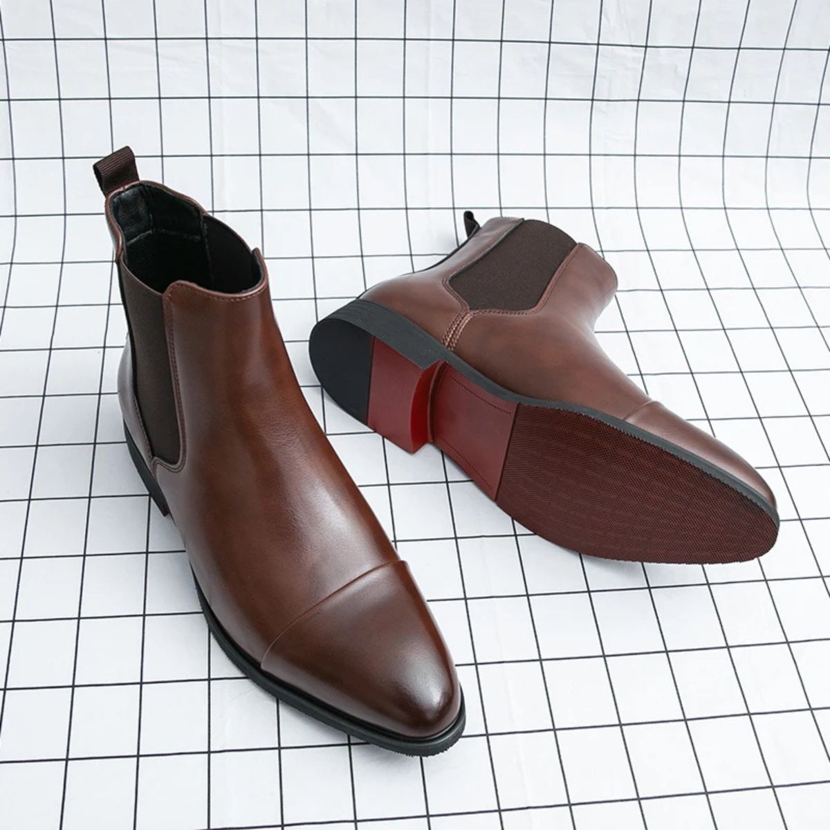 Men's Faux Leather Chelsea Boots – Slip-On Ankle Boots with Red Sole