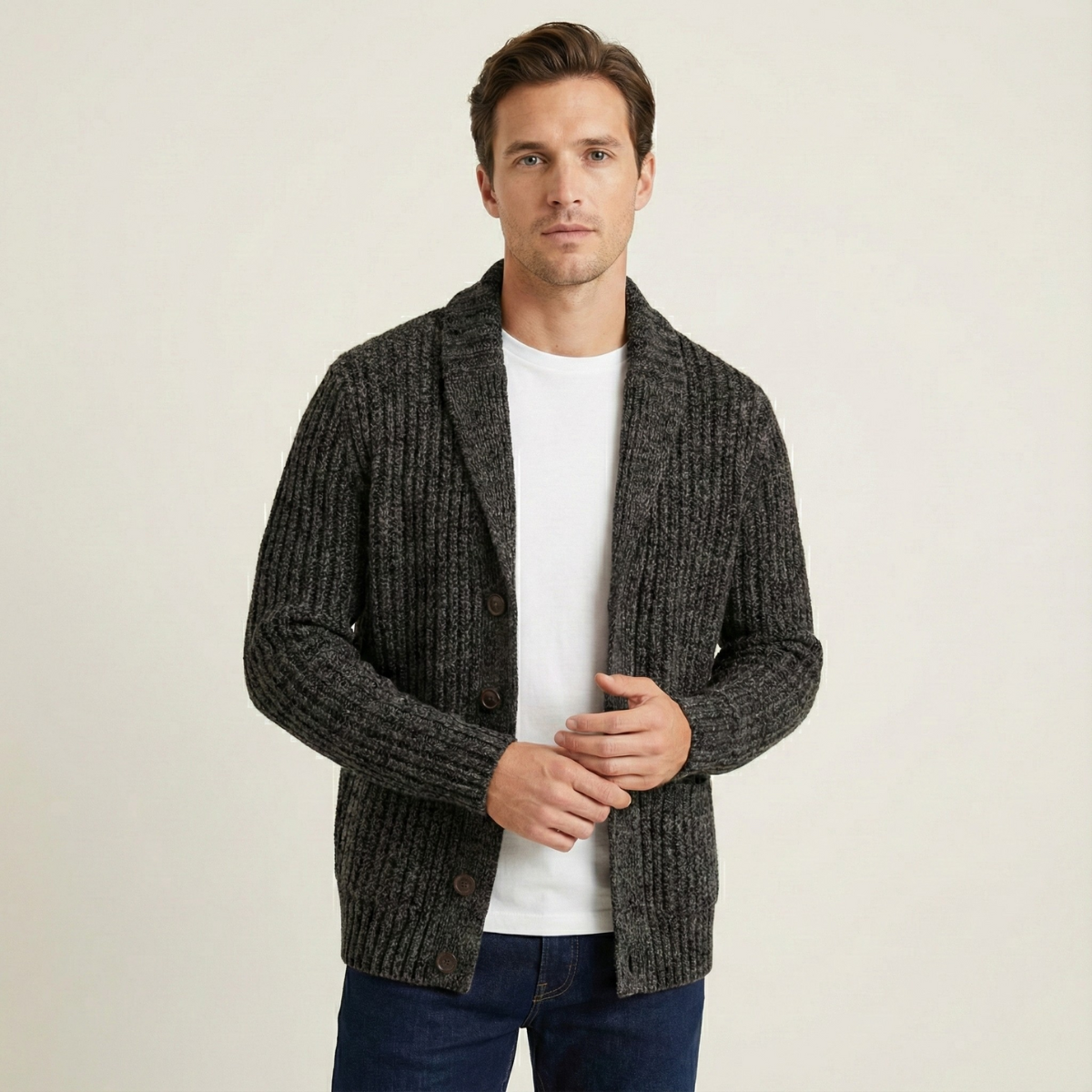 Men's Chunky Shawl Collar Cardigan – Heavy Cable Knit Button Sweater