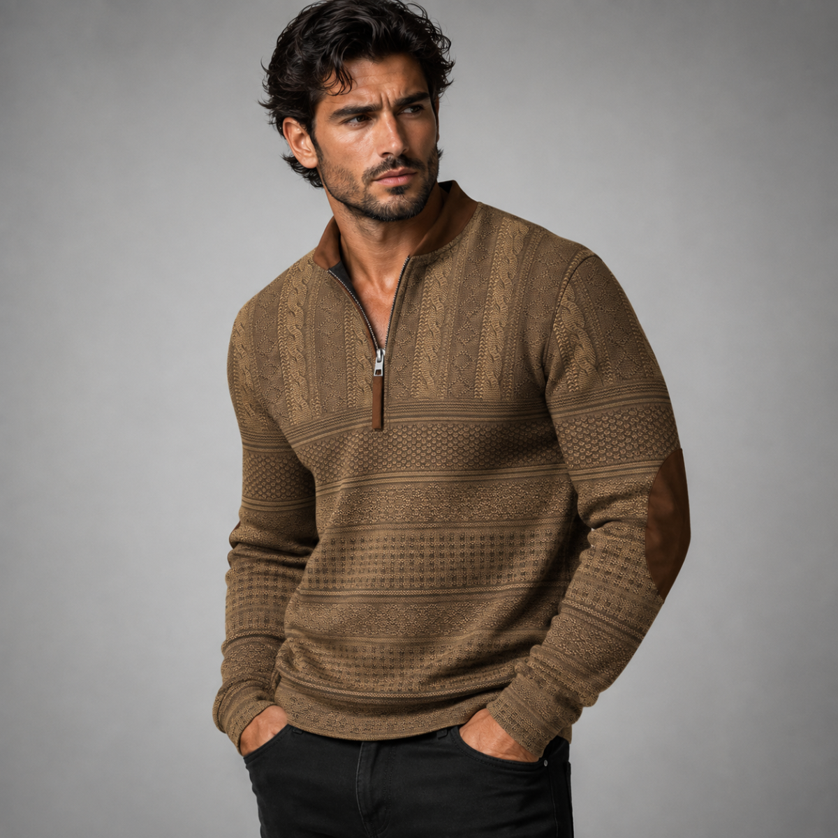 Men's Patterned Half-Zip Sweater – Knit Pullover with Elbow Patches