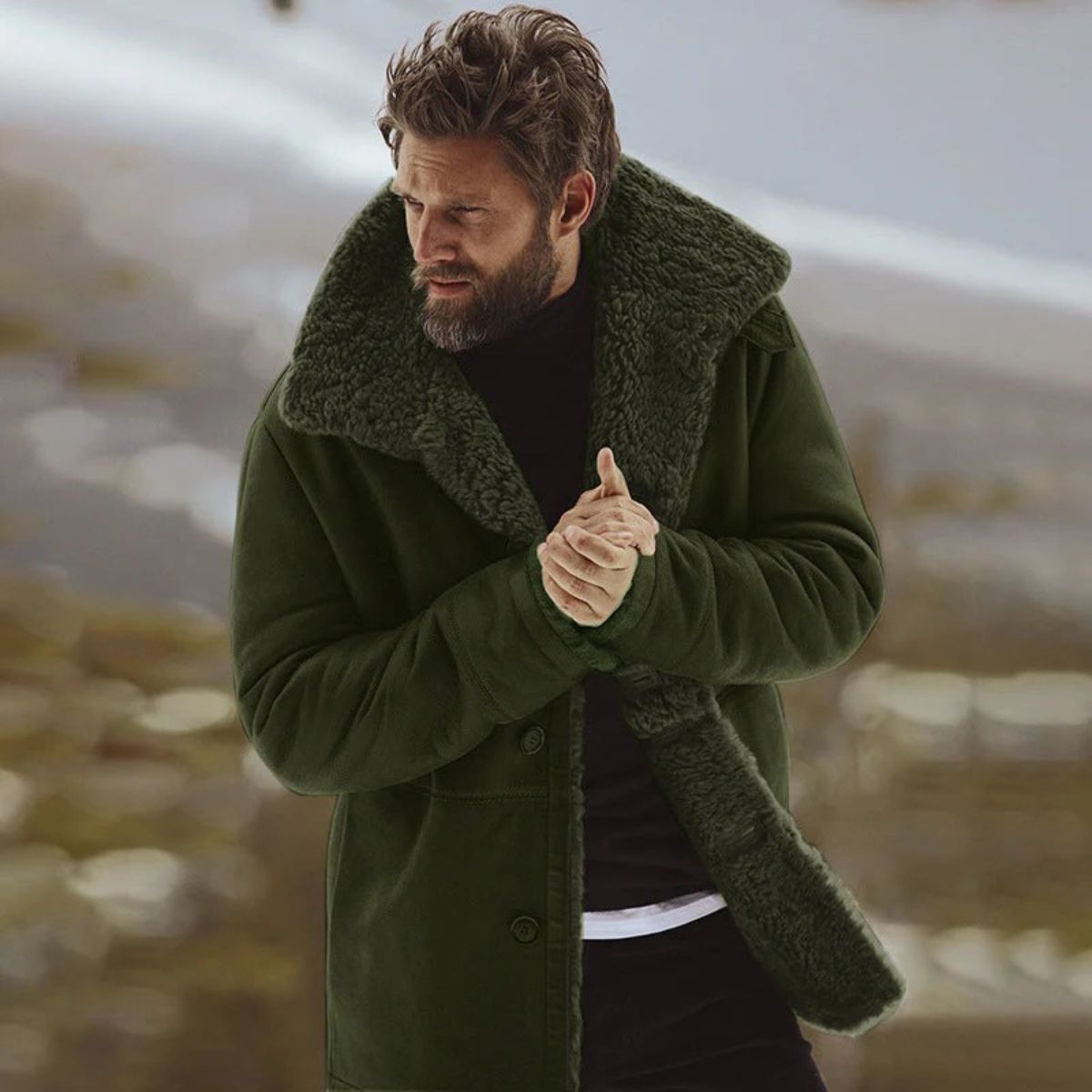 Men's Winter Overcoat with Shearling-Style Collar – Warm Lined Tailored Coat