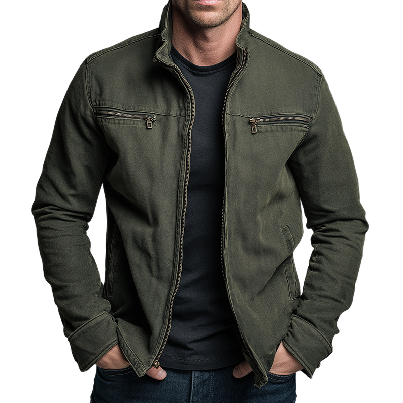 Men's Vintage Cotton Zip Jacket – Rugged Stand Collar Utility Casual Coat