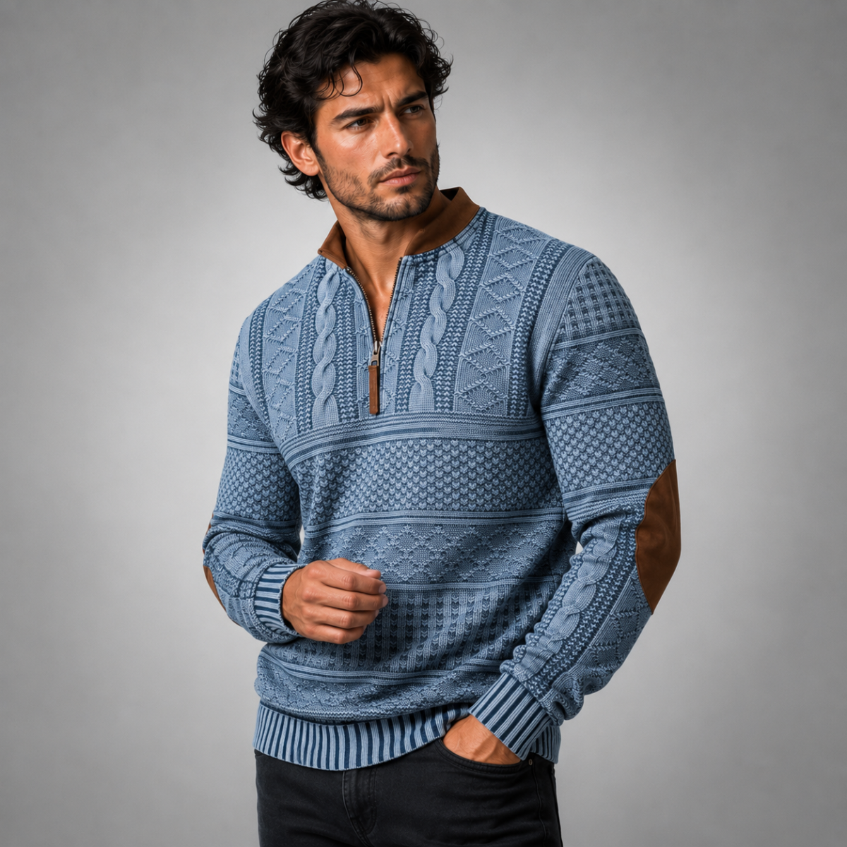 Men's Patterned Half-Zip Sweater – Knit Pullover with Elbow Patches