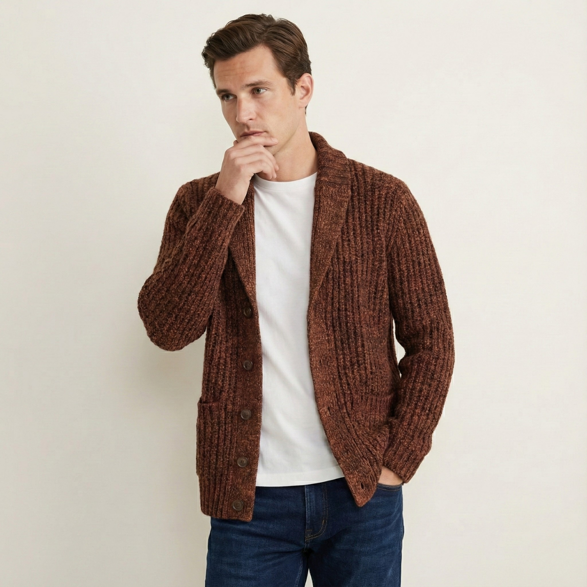 Men's Chunky Shawl Collar Cardigan – Heavy Cable Knit Button Sweater