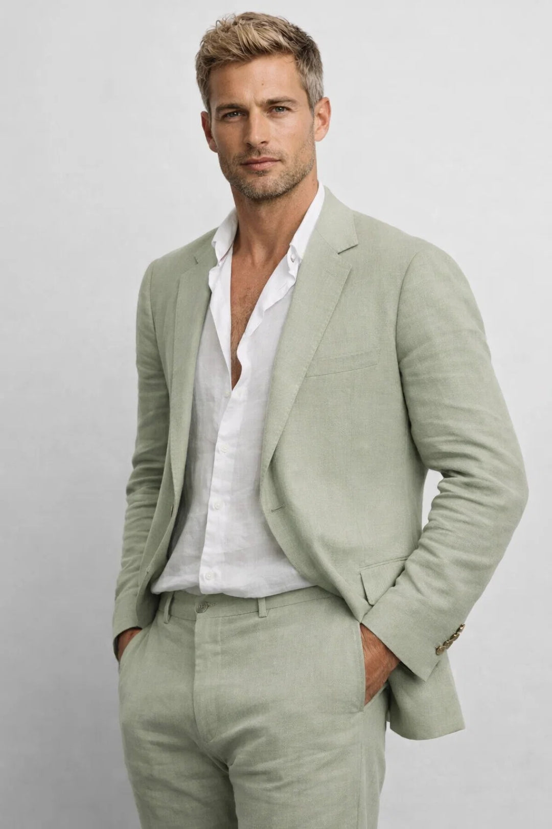 Men's Linen Blend Two-Piece Suit – Tailored Blazer & Trousers