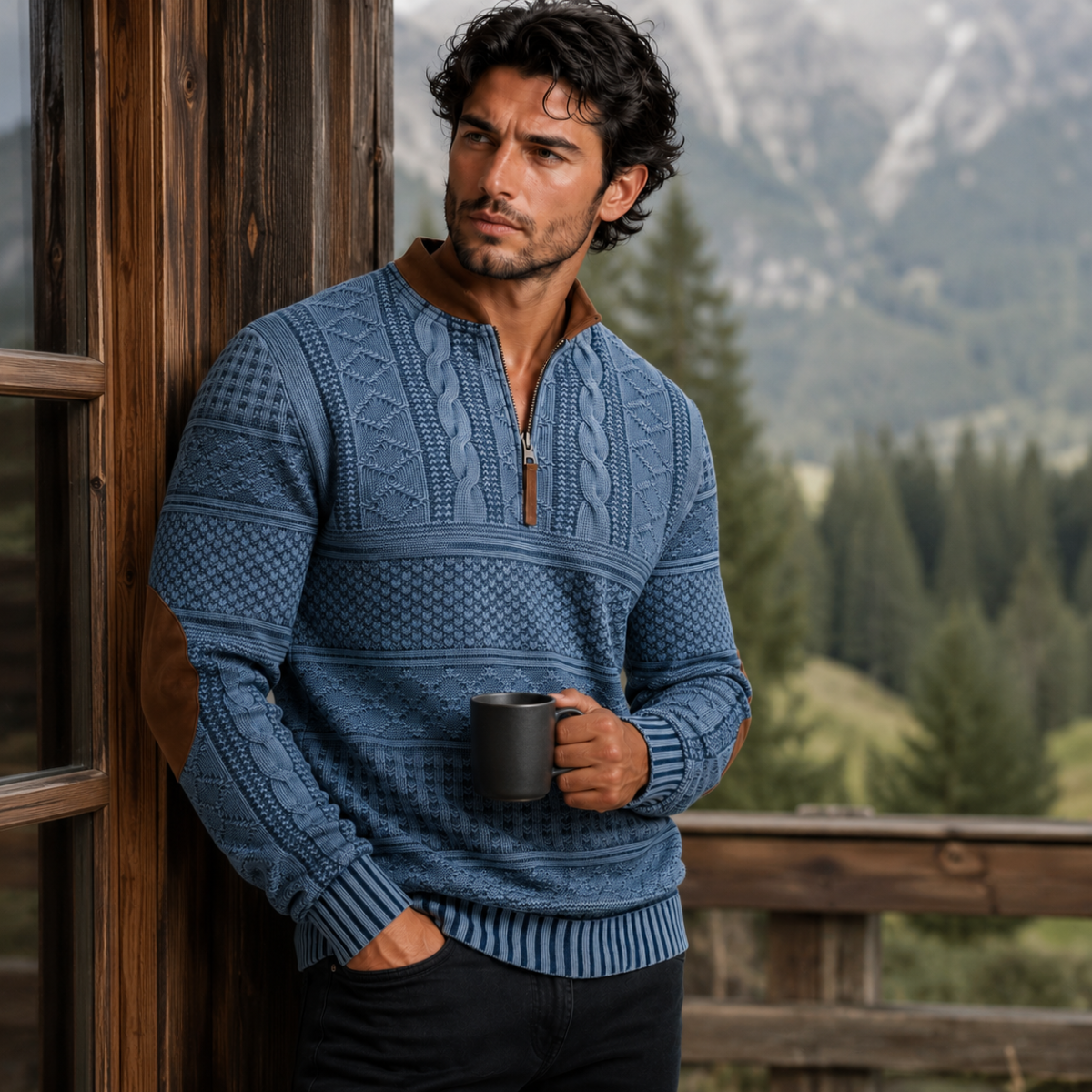 Men's Patterned Half-Zip Sweater – Knit Pullover with Elbow Patches