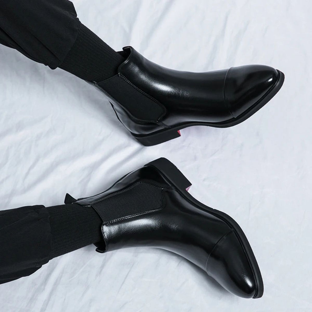 Men's Faux Leather Chelsea Boots – Slip-On Ankle Boots with Red Sole