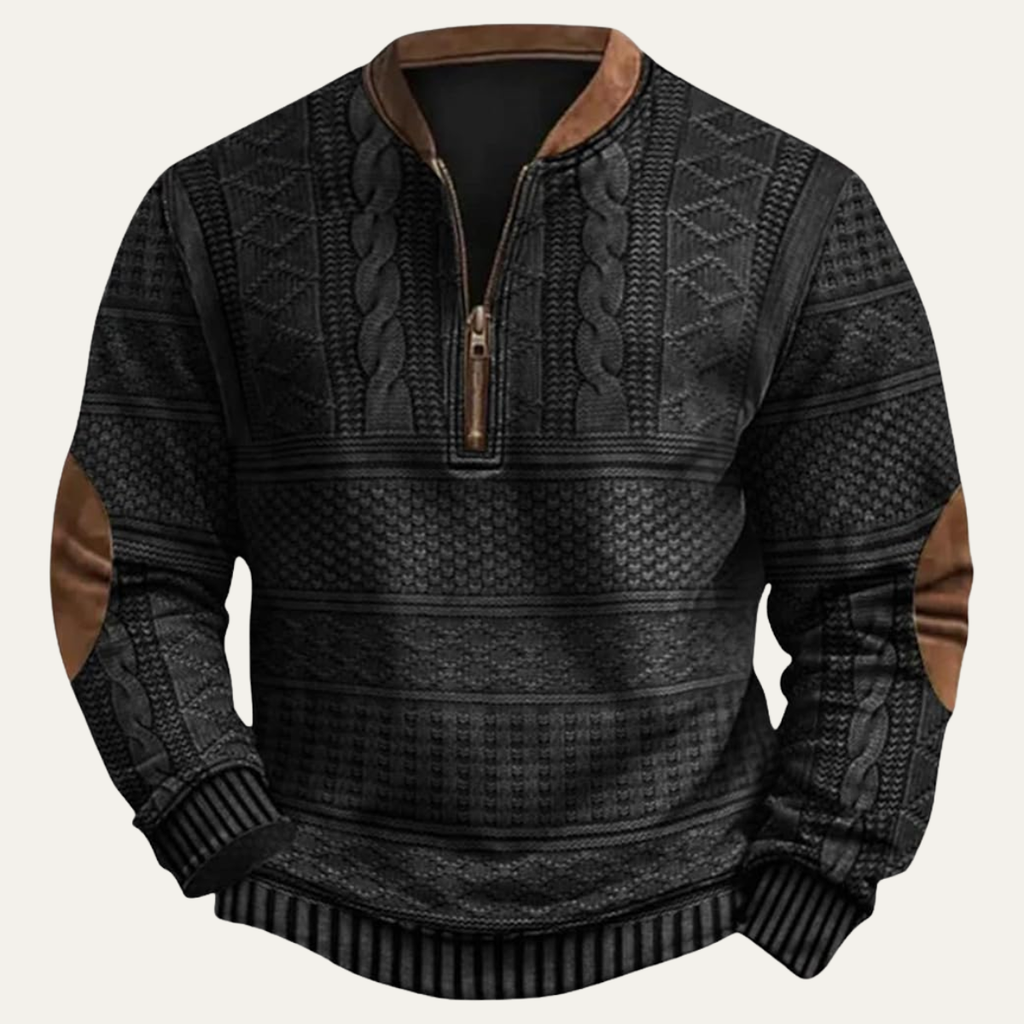Men's Patterned Half-Zip Sweater – Knit Pullover with Elbow Patches