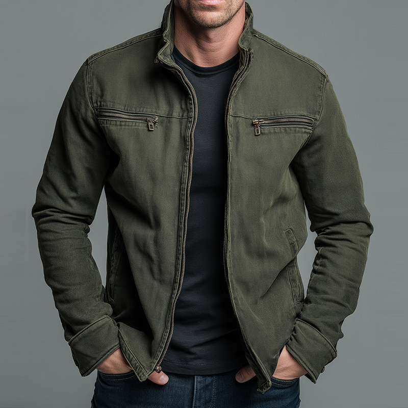 Men's Vintage Cotton Zip Jacket – Rugged Stand Collar Utility Casual Coat