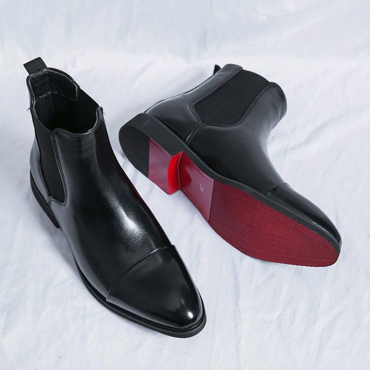 Men's Faux Leather Chelsea Boots – Slip-On Ankle Boots with Red Sole