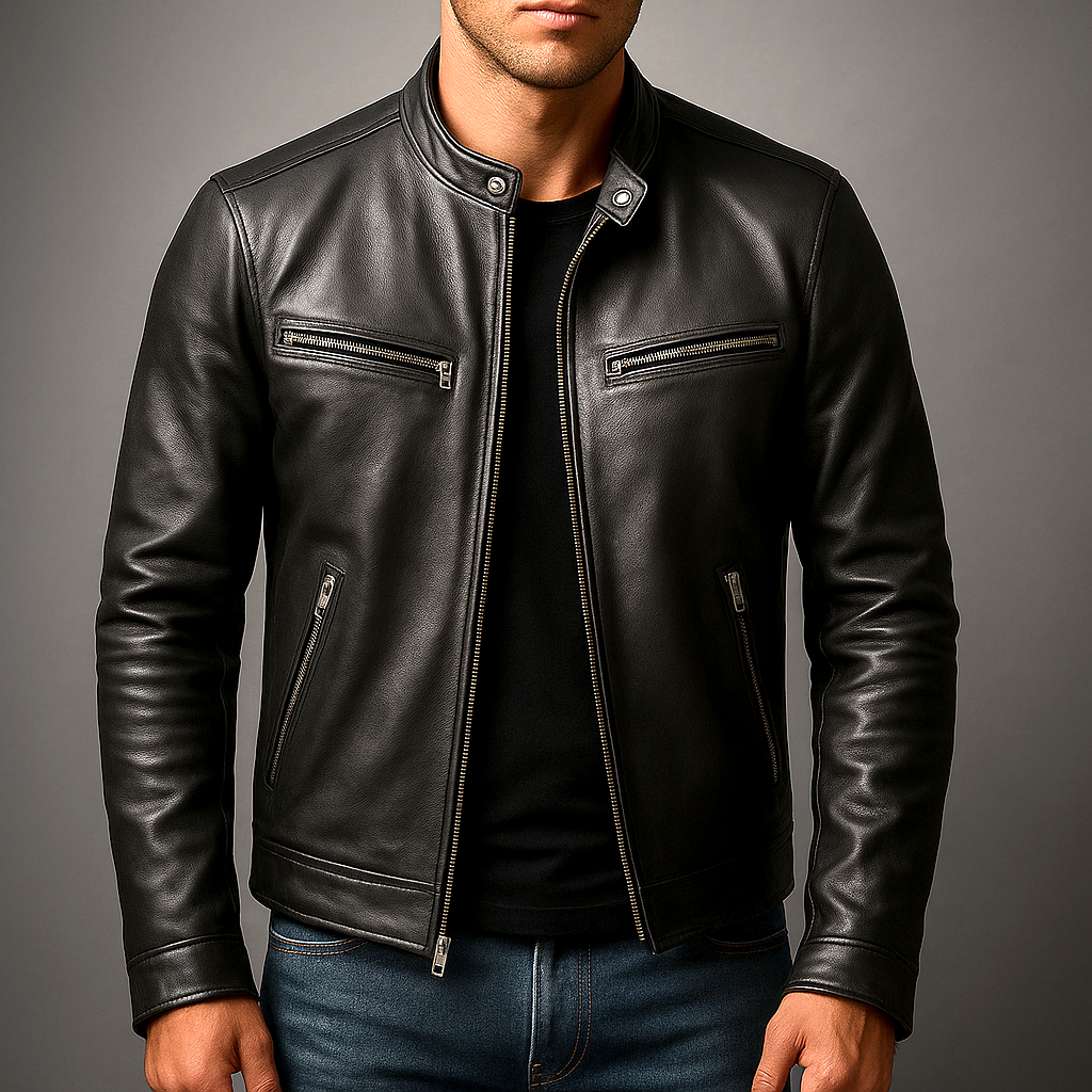 Men's Vintage-Look Biker Jacket – Washed Finish Zip Moto Jacket