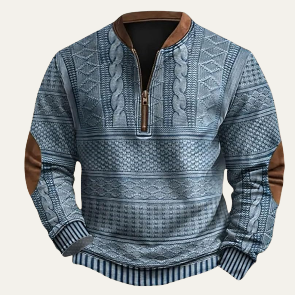 Men's Patterned Half-Zip Sweater – Knit Pullover with Elbow Patches