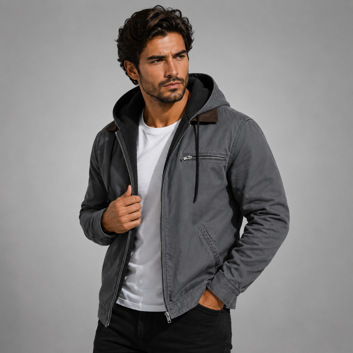 Men's Fleece Lined Hooded Winter Jacket – Full Zip Warm Outerwear