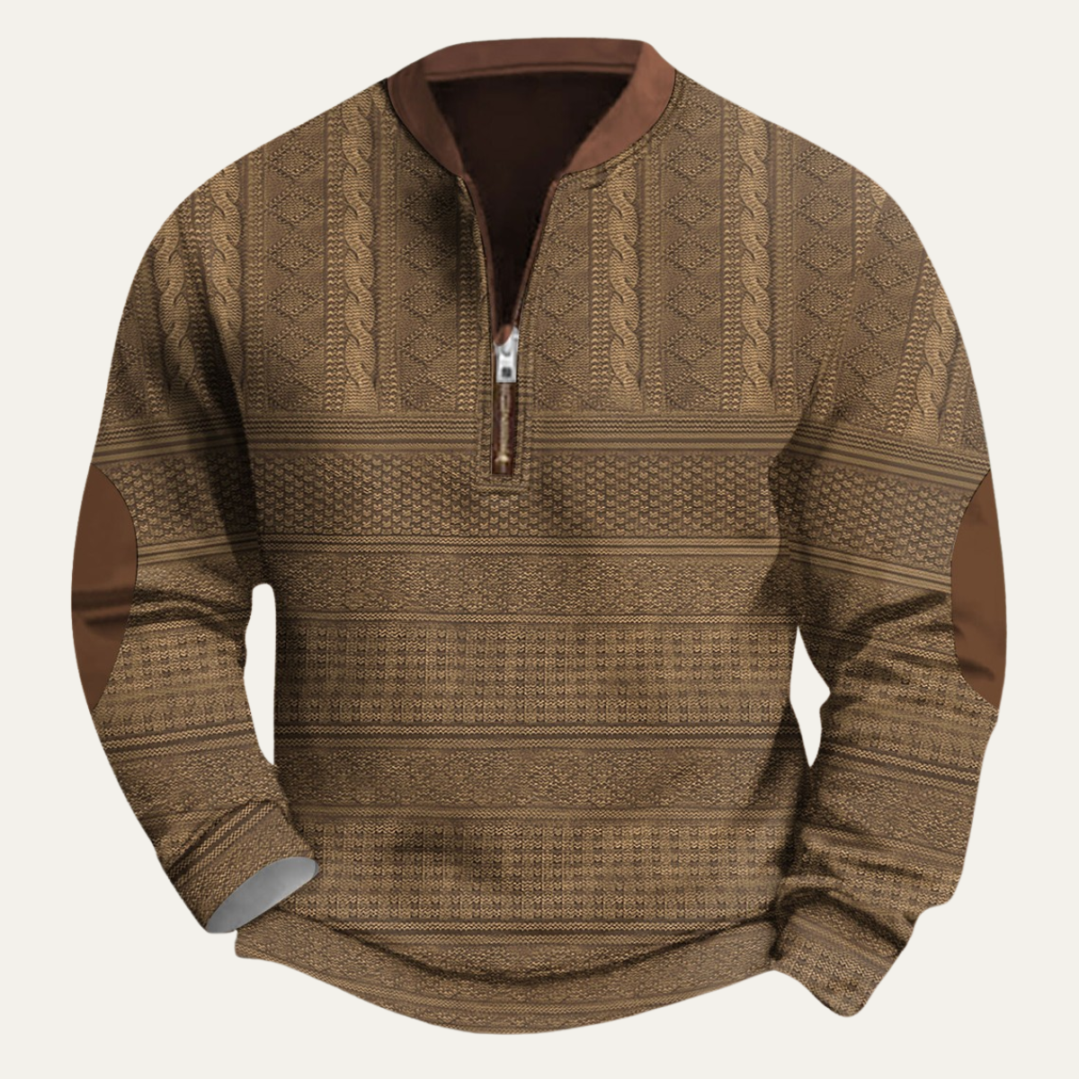 Men's Patterned Half-Zip Sweater – Knit Pullover with Elbow Patches
