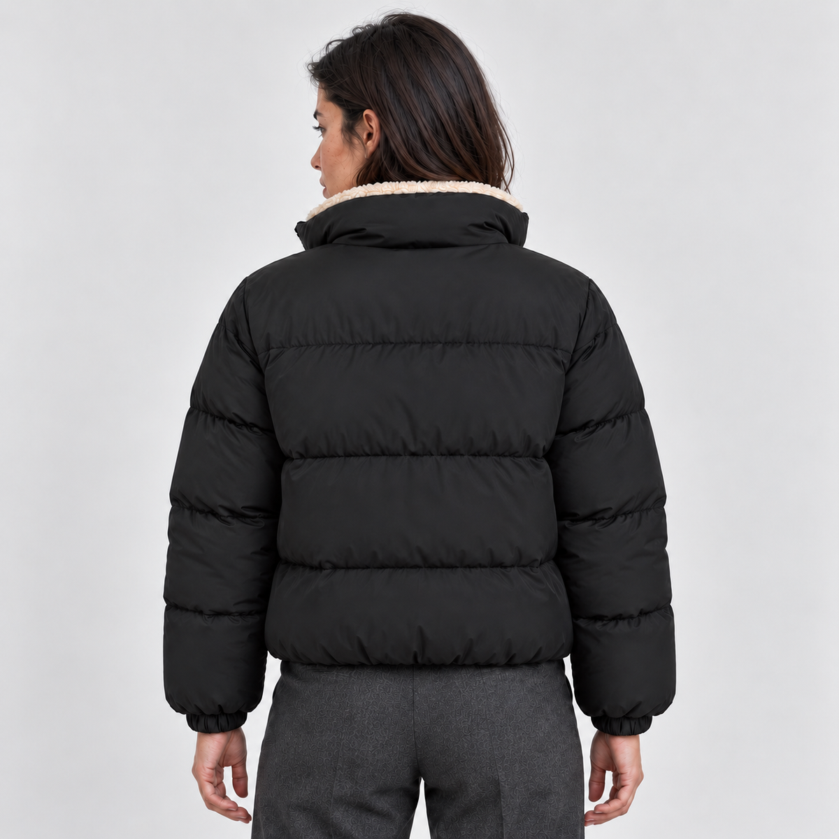 Women's Short Puffer Jacket with Sherpa Collar – High Neck Full Zip