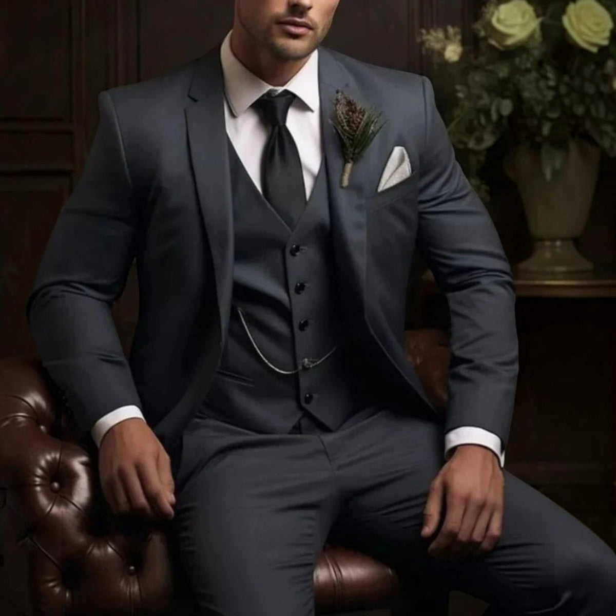 Men's Slim Fit Three-Piece Suit – Jacket, Vest and Trousers Set for Weddings and Events