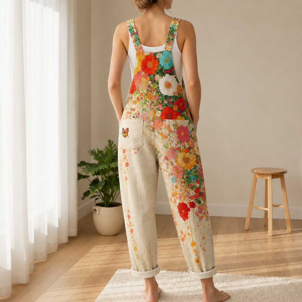 Women's Floral Print Wide Leg Jumpsuit – Dungaree Style Jumpsuit with Adjustable Straps