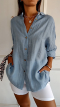 Women's Oversized Button-Down Shirt – Long Sleeve V-Neck Casual Top