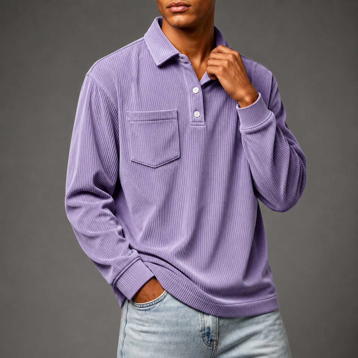 Men's Corduroy Long Sleeve Polo – Relaxed Fit Pullover with Chest Pocket