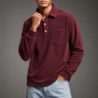 Men's Corduroy Long Sleeve Polo – Relaxed Fit Pullover with Chest Pocket