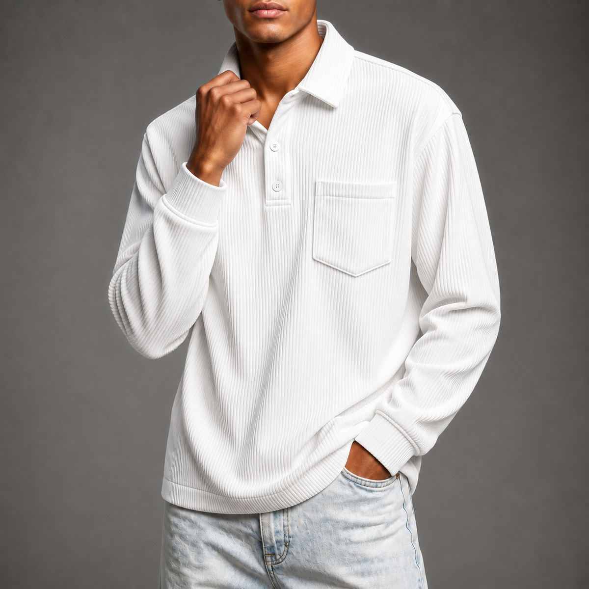 Men's Corduroy Long Sleeve Polo – Relaxed Fit Pullover with Chest Pocket