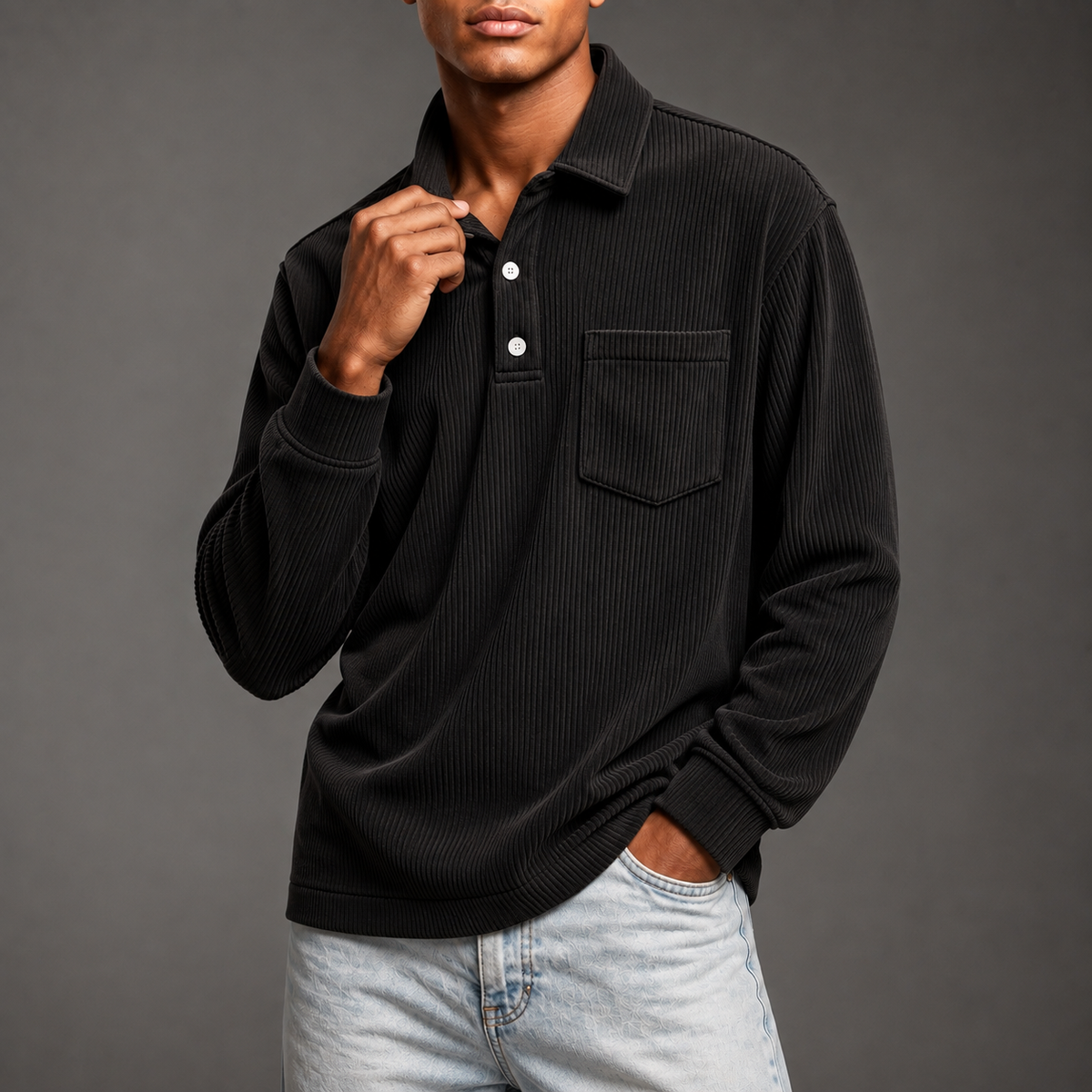 Men's Corduroy Long Sleeve Polo – Relaxed Fit Pullover with Chest Pocket