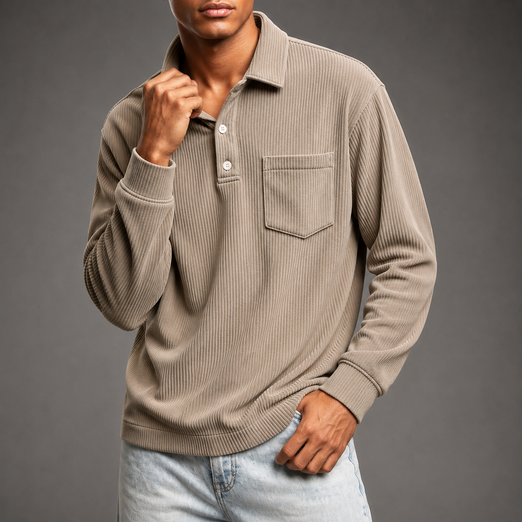Men's Corduroy Long Sleeve Polo – Relaxed Fit Pullover with Chest Pocket