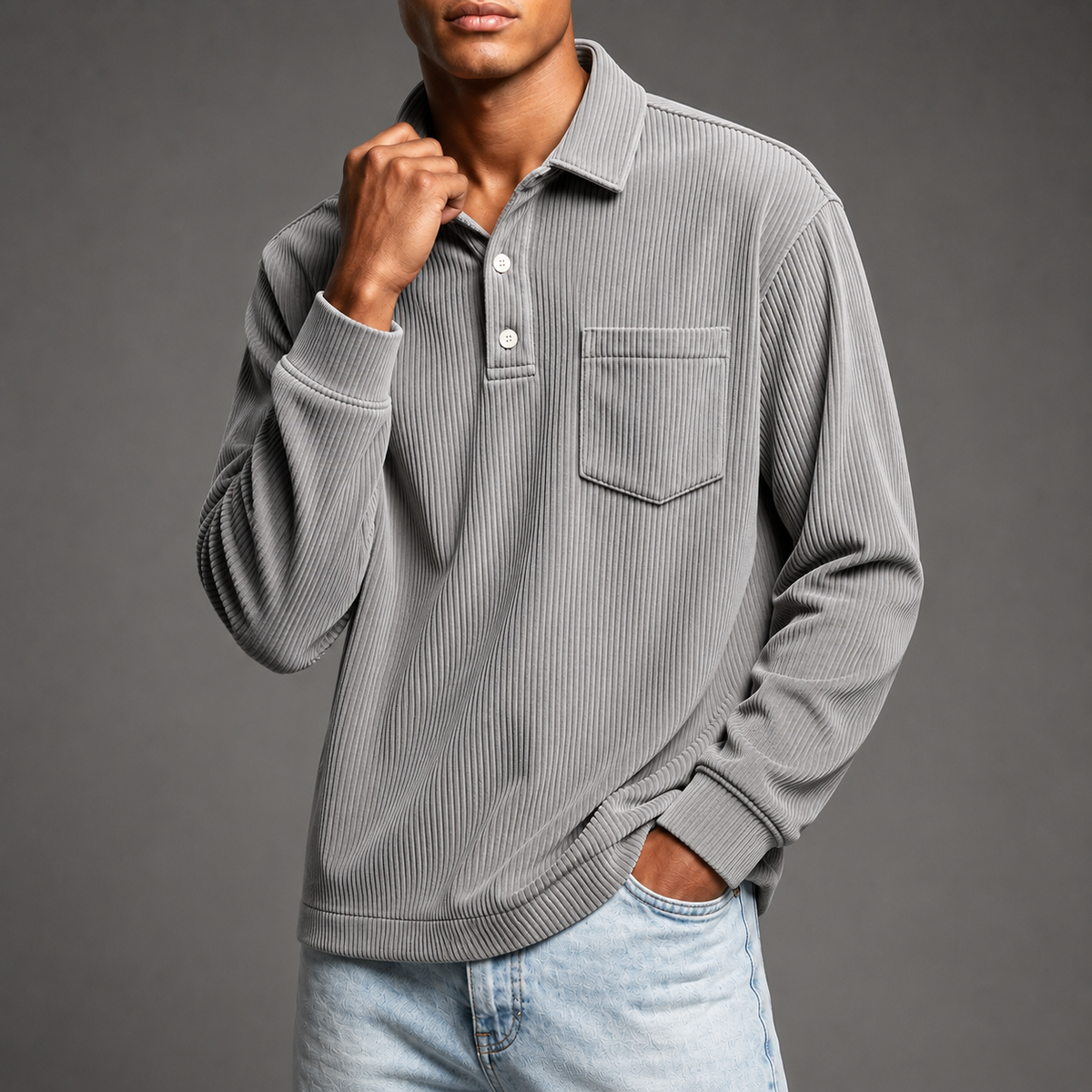 Men's Corduroy Long Sleeve Polo – Relaxed Fit Pullover with Chest Pocket