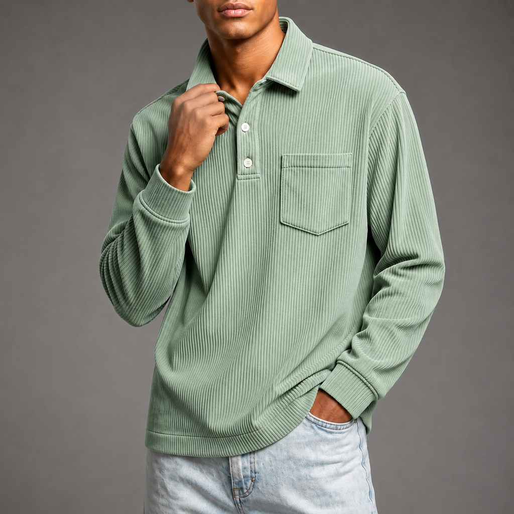 Men's Corduroy Long Sleeve Polo – Relaxed Fit Pullover with Chest Pocket