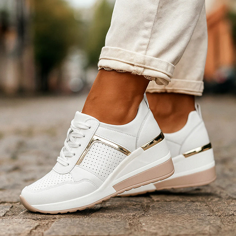 Women's Hidden Wedge Sneakers – Perforated Lace-Up Casual Shoes